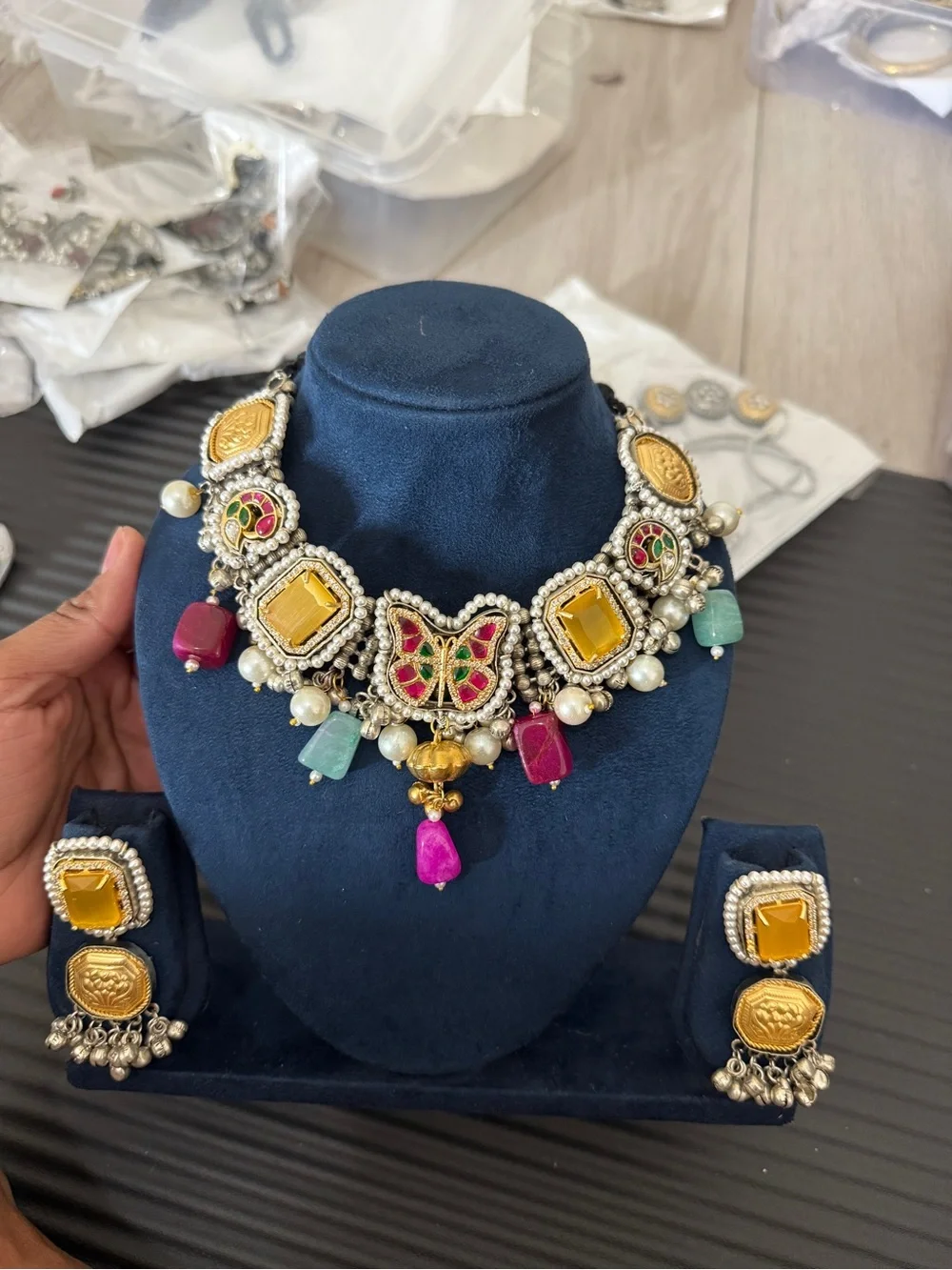 Handcrafted Multicolor Butterfly Statement Necklace with Earrings